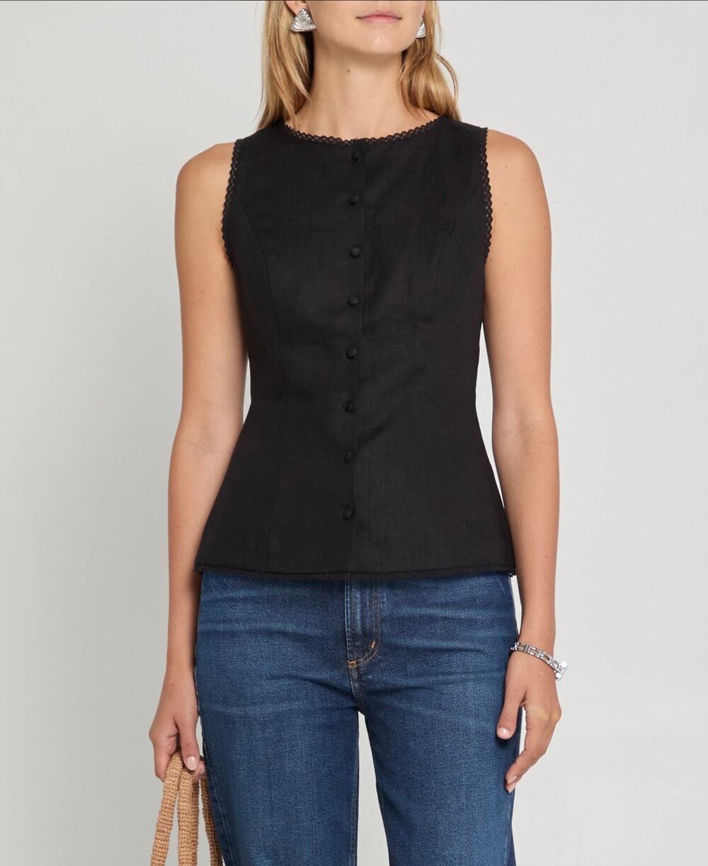 kourt x Few Moda Micah Black Linen Cotton Lace Trim Top Size 6